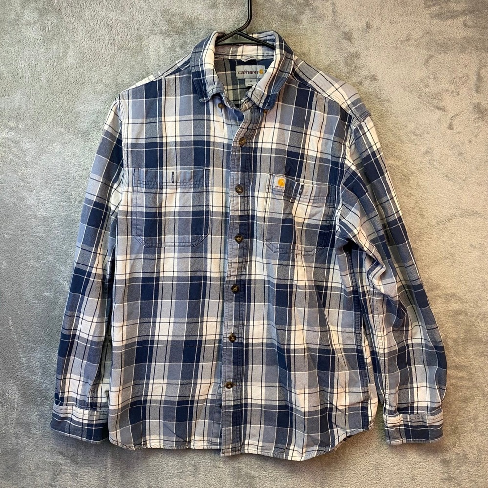 Carhartt Mens Relaxed Fit Plaid Long Sleeve Button Down Shirt Blue White Size M